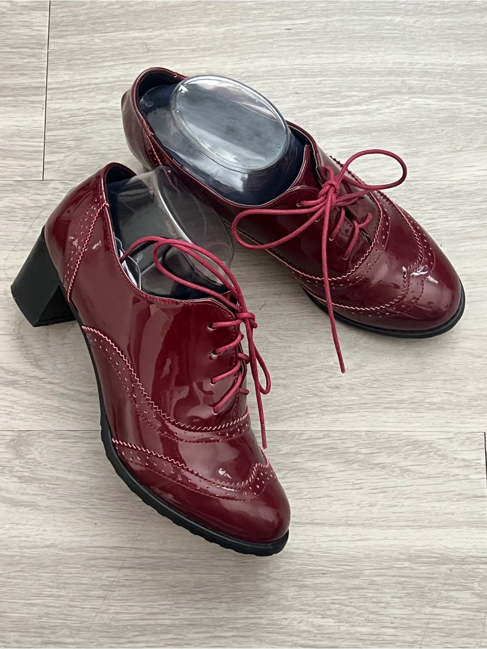 Burgundy Patent Oxford Wingtip Lace Up Block Heel Shoes Size 8